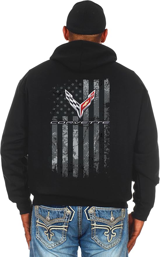 Corvette C8 Hoodie Kapuzenpullover mit C8 Logo US Flag Schwarz