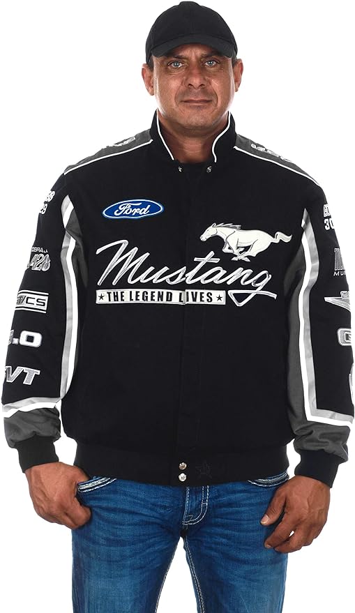 Ford Mustang Jacke Bestickt Mustang Logos All Over The Years Schwarz
