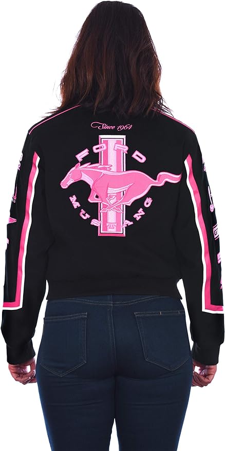 Ford Mustang Damen Jacke Bestickt Mustang Logos All Over The Years Schwarz/Pink