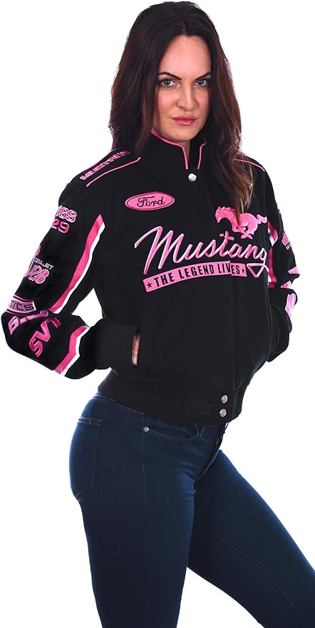 Ford Mustang Damen Jacke Bestickt Mustang Logos All Over The Years Schwarz/Pink