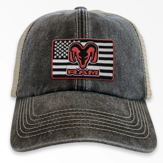 Dodge RAM Trucks Flag Patch Vintage Trucker Cap Schwarz