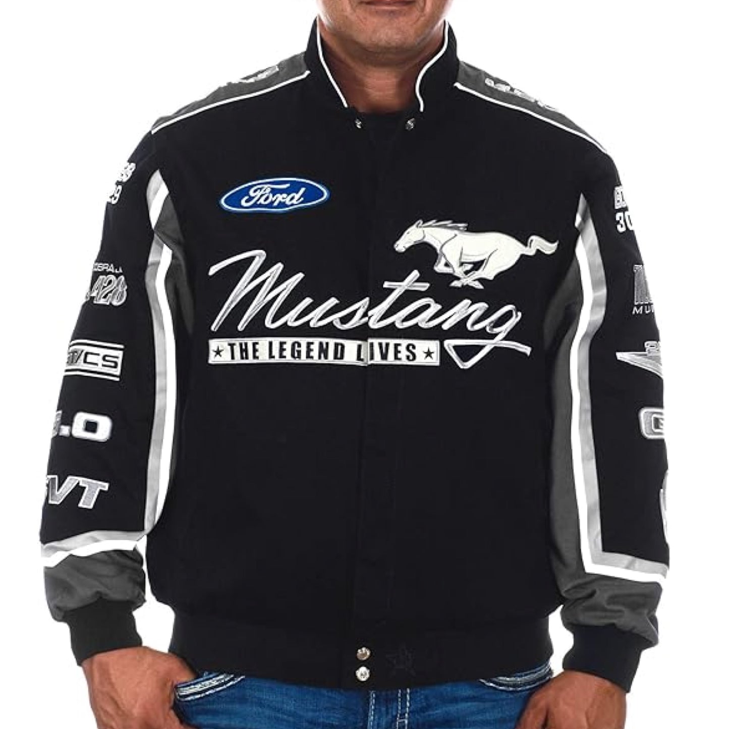 Ford Mustang Jacke Bestickt Mustang Logos All Over The Years Schwarz