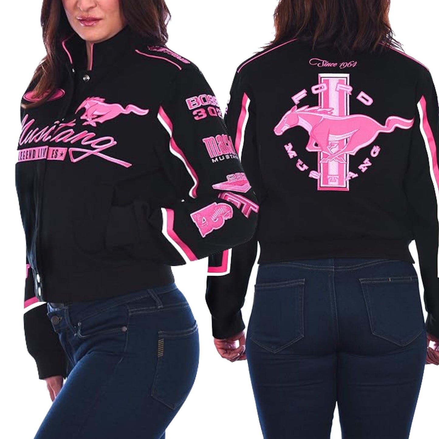 Ford Mustang Damen Jacke Bestickt Mustang Logos All Over The Years Schwarz/Pink