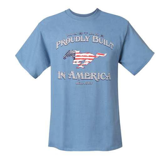Ford Mustang T-Shirt Ford Mustang Running Horse Proudly Built in America Hellblau