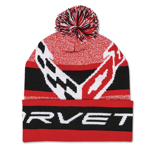 Corvette Beanie Wintermütze Strickmütze mit Bommel Rot
