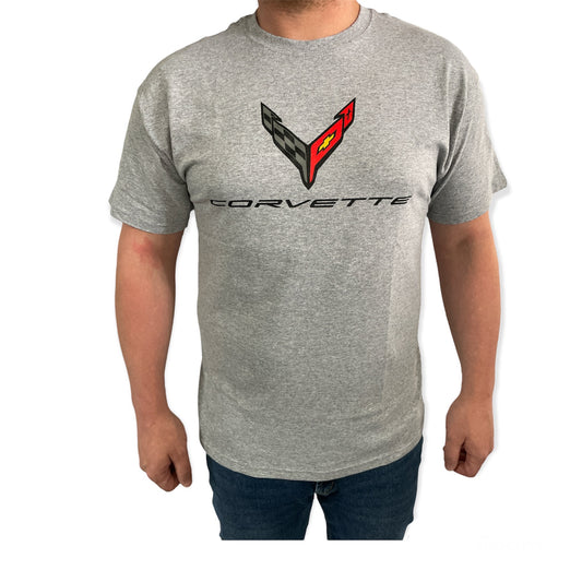 Corvette T-Shirt mit Corvette C8 Logo Flag Hellgrau