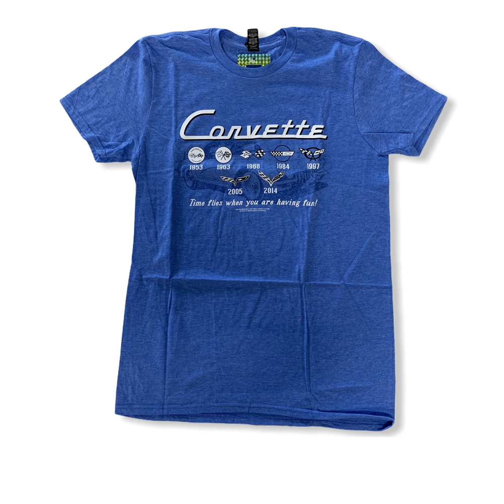 Corvette T-Shirt Corvette Logo Collage Time Flies When You Are Having Fun Blau