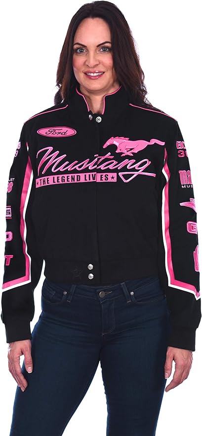 Ford Mustang Damen Jacke Bestickt Mustang Logos All Over The Years Schwarz/Pink