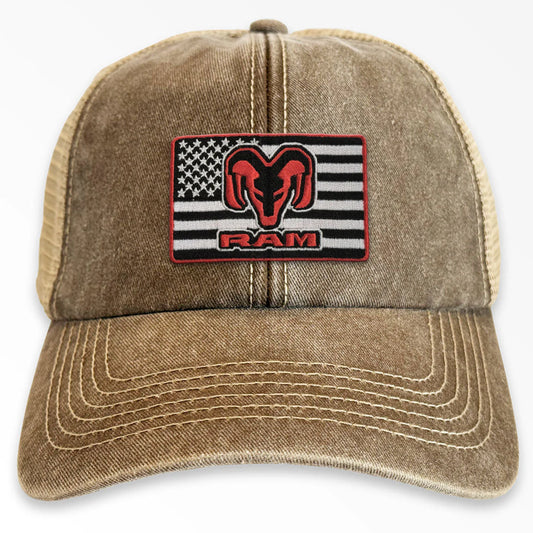 Dodge RAM Trucks Flag Patch Vintage Trucker Cap Braun