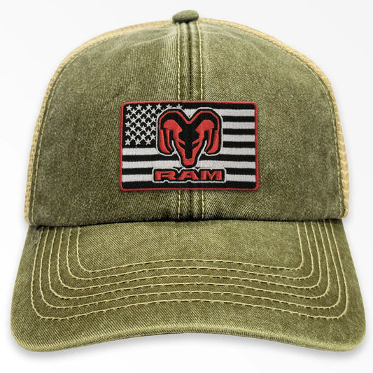Dodge RAM Trucks Flag Patch Vintage Trucker Cap Oliv