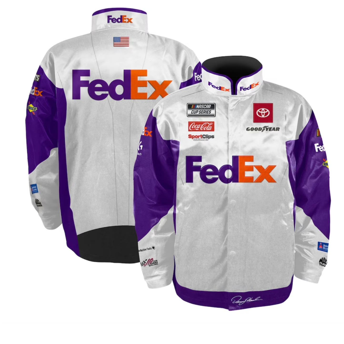NASCAR Jacke Denny Hamlin Joe Gibbs Racing Team Collection White FedEx Nylon Uniform Jacket