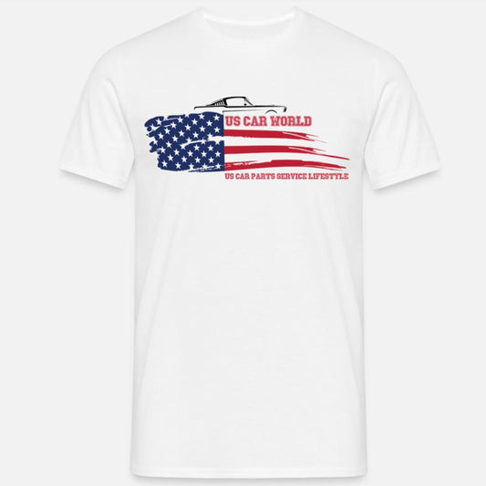 US Car World T-Shirt mit US Car World Logo Flag Weiß