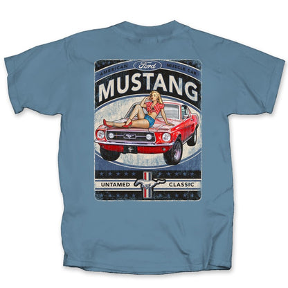 Ford Mustang T-Shirt American Muscle Car Untamed Classic Blau