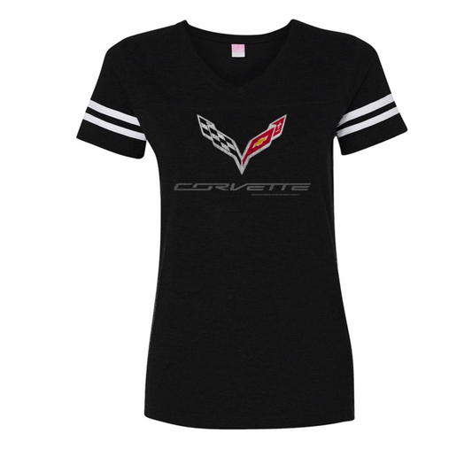 Corvette C7 Ladies T-Shirt mit Corvette C7 Flag Damen Shirt Anthrazit