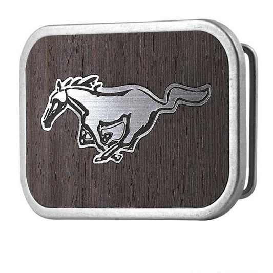 Ford Mustang Gürtelschnalle Buckle Running Horse Holzoptik