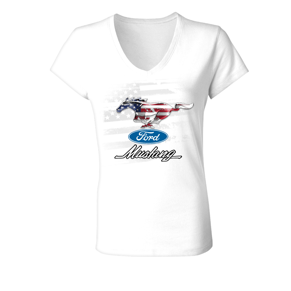 Ford Mustang Damen T-Shirt mit Mustang Pony Running Horse und USA Flag Weiß