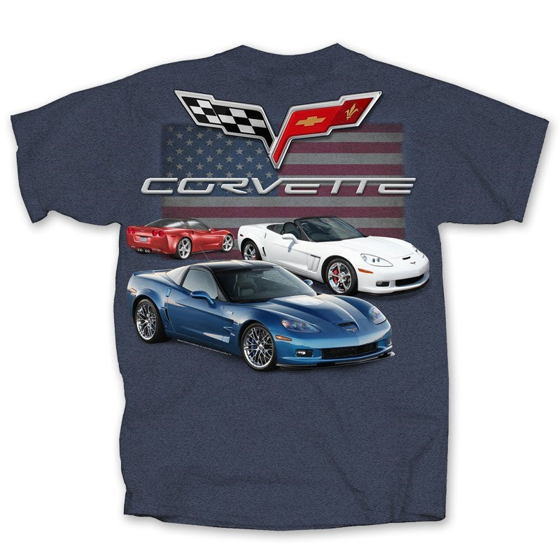 Corvette T-Shirt Corvette C6 Logo mit USA Flag Dunkelblau